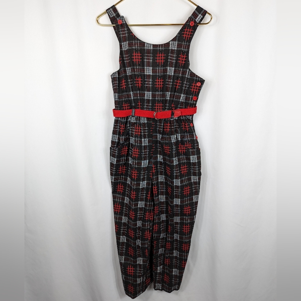 SWAT Vintage Overalls Jumpsuit Black Red Geometric 80s 90s Buttons Belted Sz 12